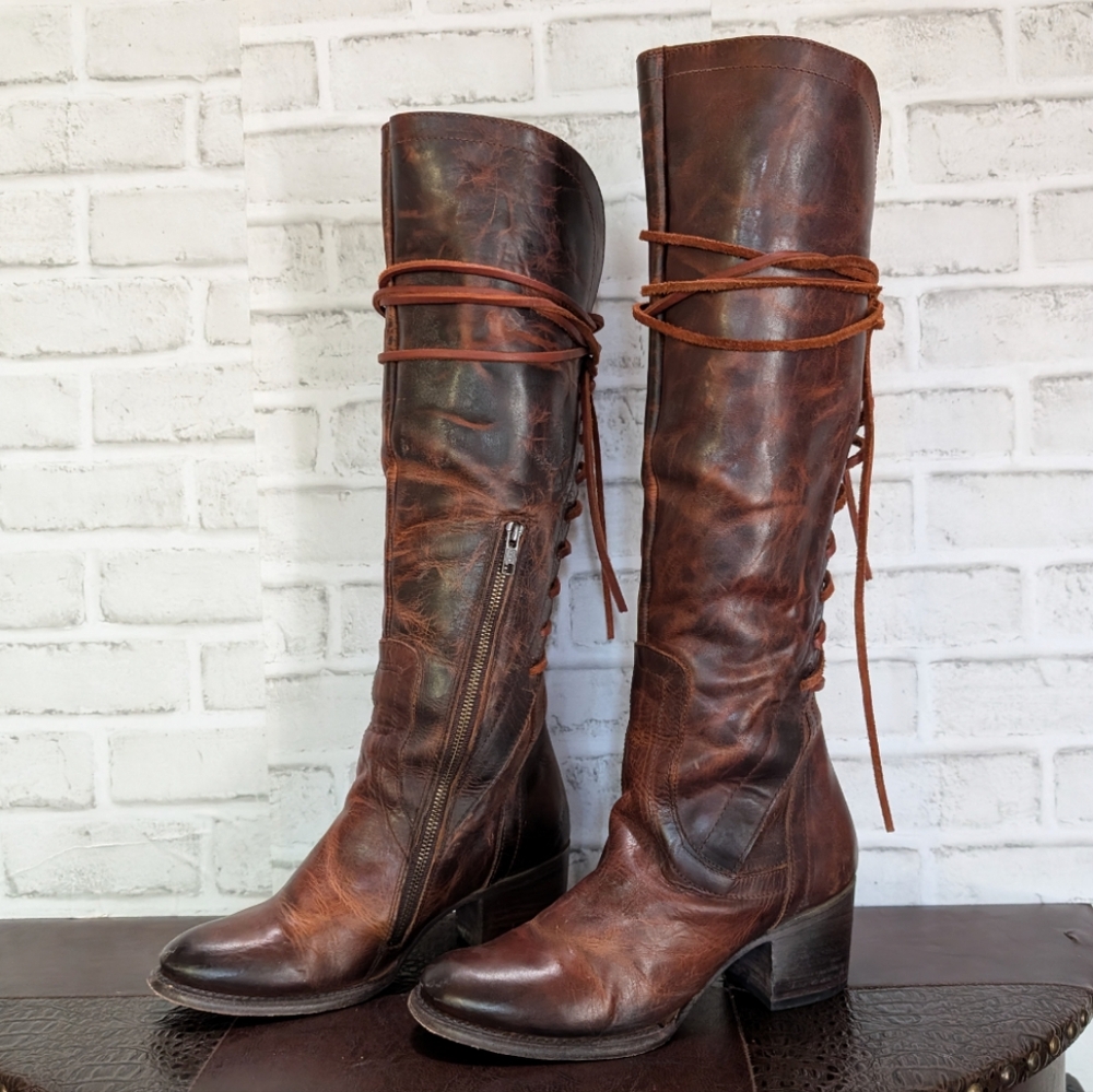 FreeBird By Steven COSMO Cognac Distressed Leather Back Lace Up Corset Boots 9 - Picture 3 of 13